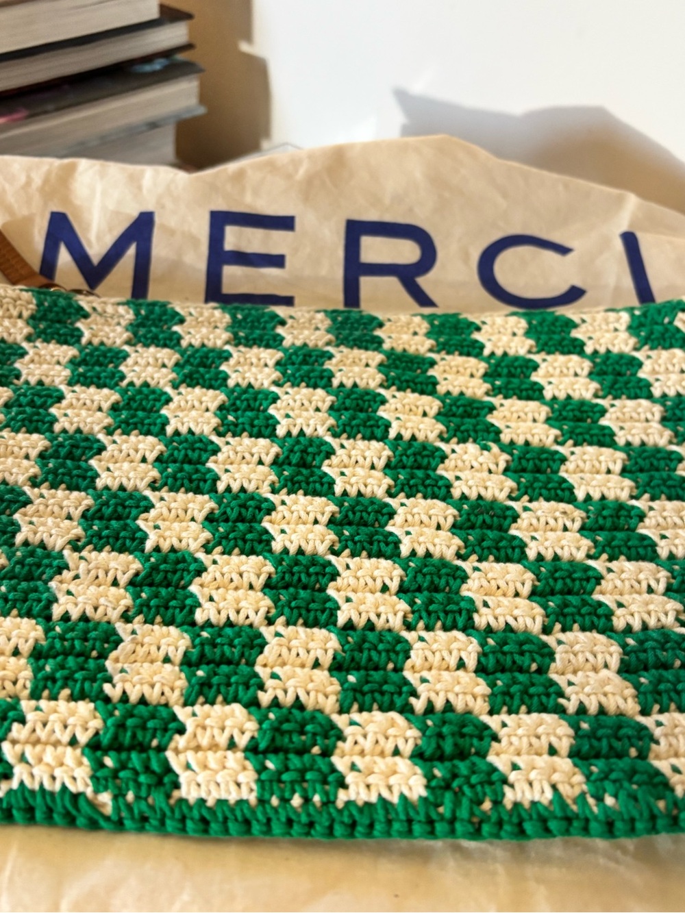 Clare V. Flat Clutch with Tabs in Sea Green & Cream Mini Crochet Checker - EUC - Picture 4 of 13